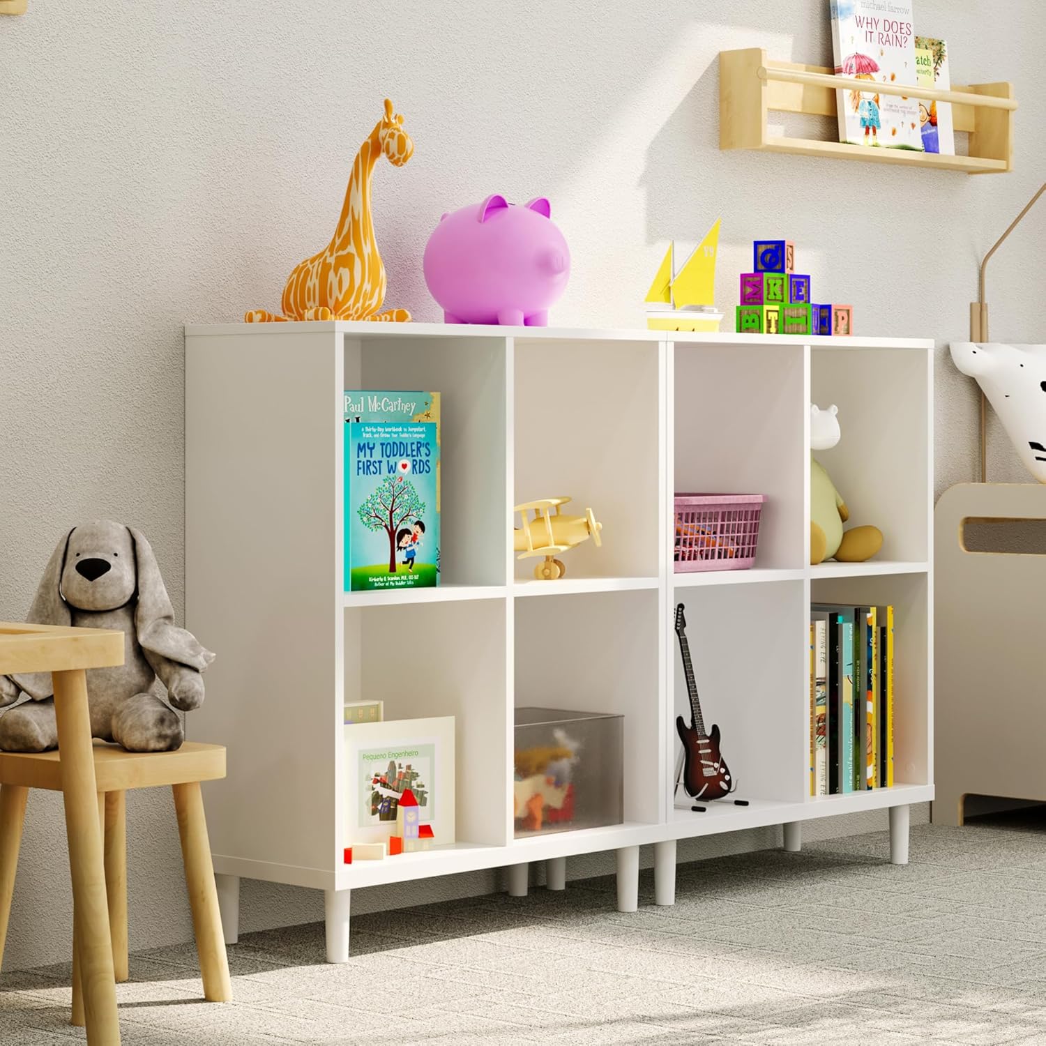 Wood Cube Storage Organizer White Bookshelf - 2-Tier Freestanding Storage Cabinet with Legs for Home Office, 4-Cubes Open Shelf
