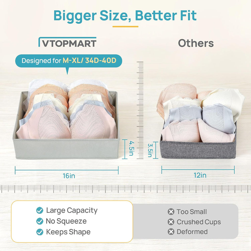 Vtopmart 4 Pack Large Bra Drawer Organizer, 16 Inch Foldable Fabric Underwear Storage Tray for Dresser Drawers, Keeps Shape for M-XL/34D-40D Bras, Closet Organizer