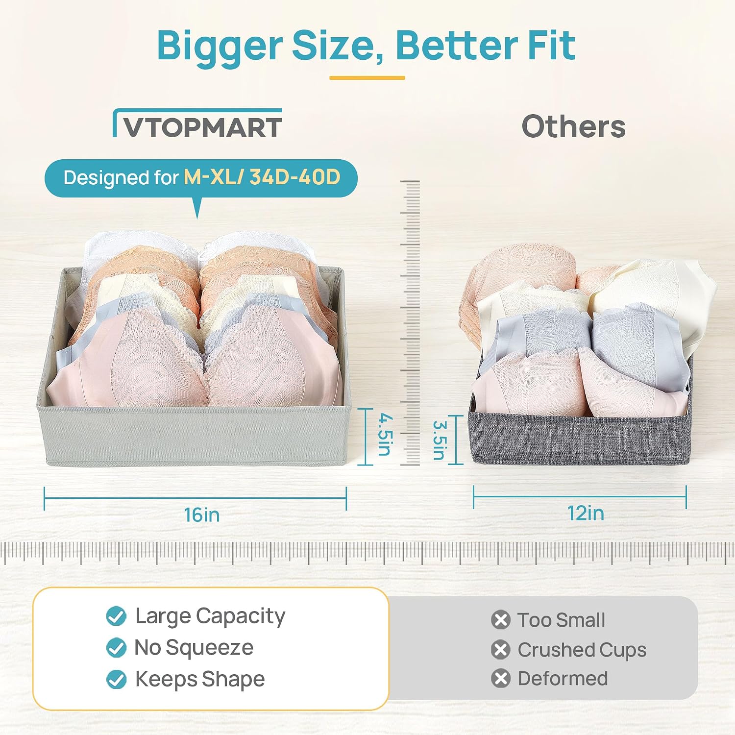Vtopmart 4 Pack Large Bra Drawer Organizer, 16 Inch Foldable Fabric Underwear Storage Tray for Dresser Drawers, Keeps Shape for M-XL/34D-40D Bras, Closet Organizer