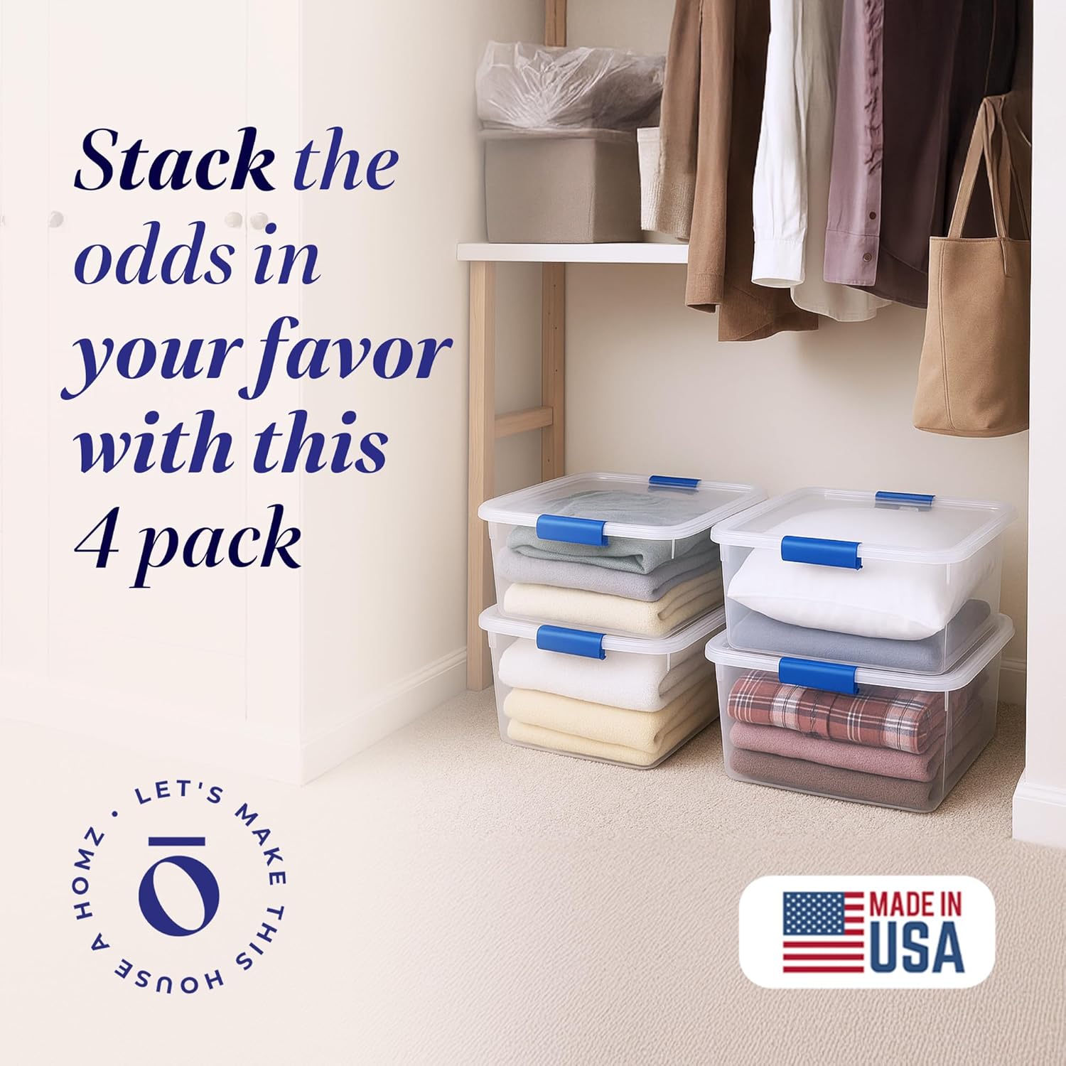 HOMZ 4-Pack Latching Lid, Small Clear Plastic Storage Bins w/ Lids, 15.5 Quart, Blue Latch - Stackable Container Boxes for Home, Bathroom, and Office Organization