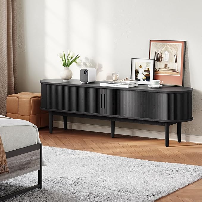 LINSY HOME Fluted TV Stand for 75" TV, Mid-Century Modern Wood Entertainment Center with Sliding Tambour Door and Storage Cabinet, Boho TV Media Console Table for Living Room, Bedroom, Black