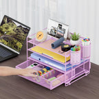 Marbrasse 4-Trays Desk File Organizer with 2 Pen Holder, Desktop Hanging File Holder with Drawer, Paper Letter Tray Organizer (Purple)
