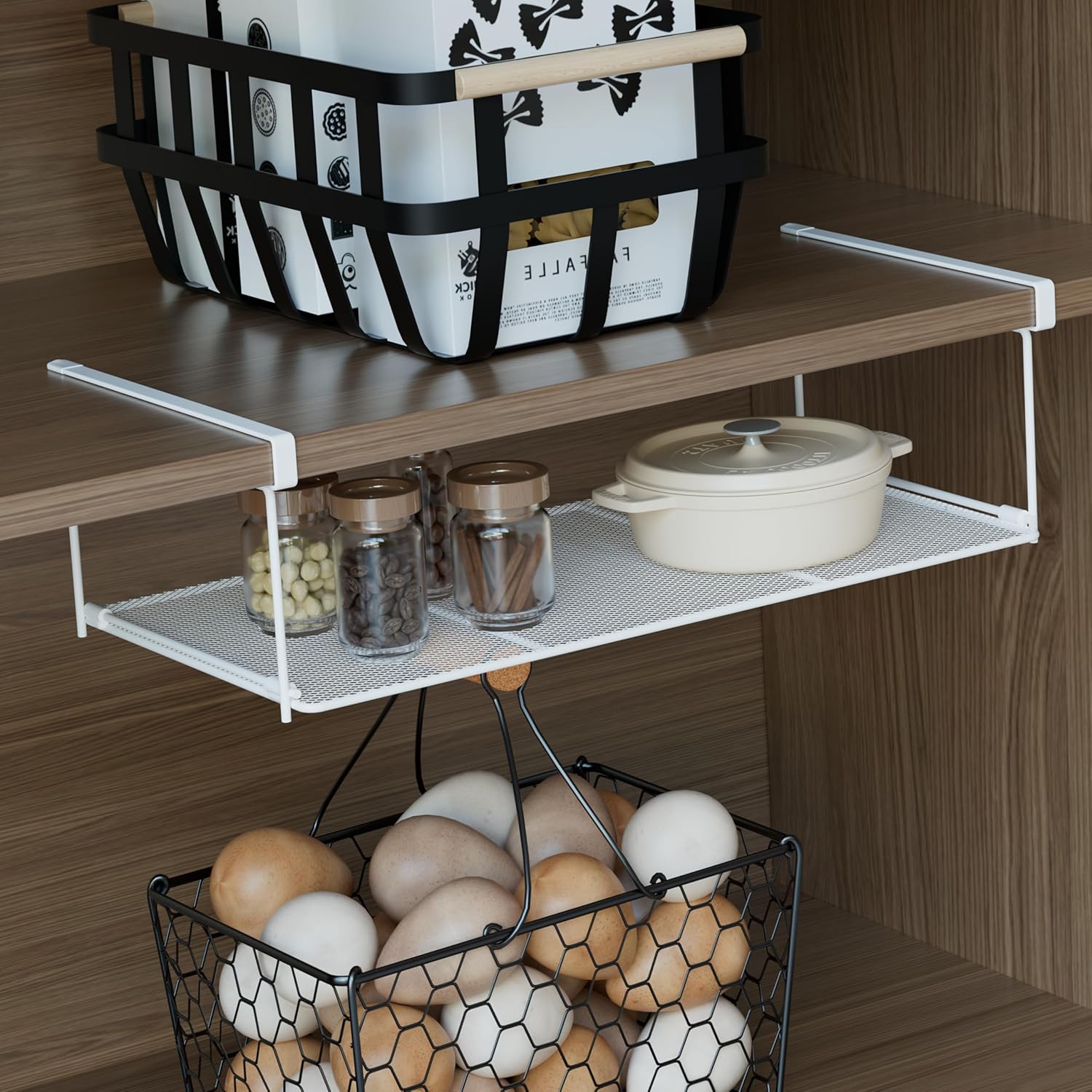 Foldable Metal Under Cabinet Organizer,Multi-Functional Hanging Storage Rack for Aluminum Foil,Plastic Wrap,Kitchen Wipes,Space-Saving,Tool-Free Install,Rust-Resistant,Ideal for Kitchen (Black)