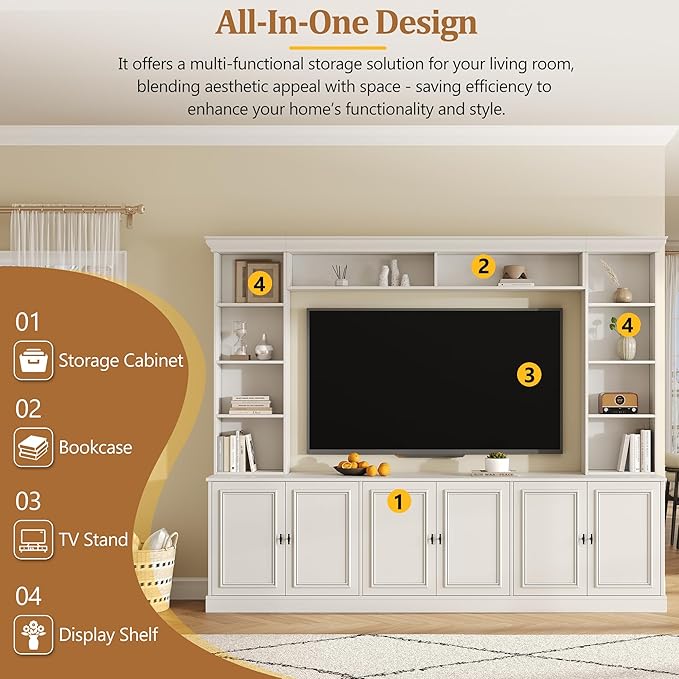 97.4"W Elegant 4-Piece Wall Unit Entertainment Center with Bookshelf for TVs Up to 70", Versatile TV Stand with Adjustable Shelf and Bridge, Mid-Century Media Console for Living Room (White/TV)