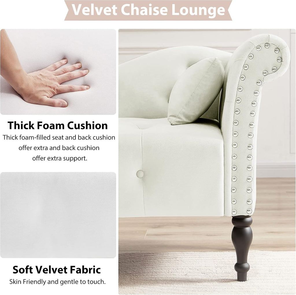 60" Chaise Lounge Indoor Velvet Button Tufted with Pillow, Nailhead Decorate Rolled Arm Chaise Lounge for Bedroom Living Room (White)
