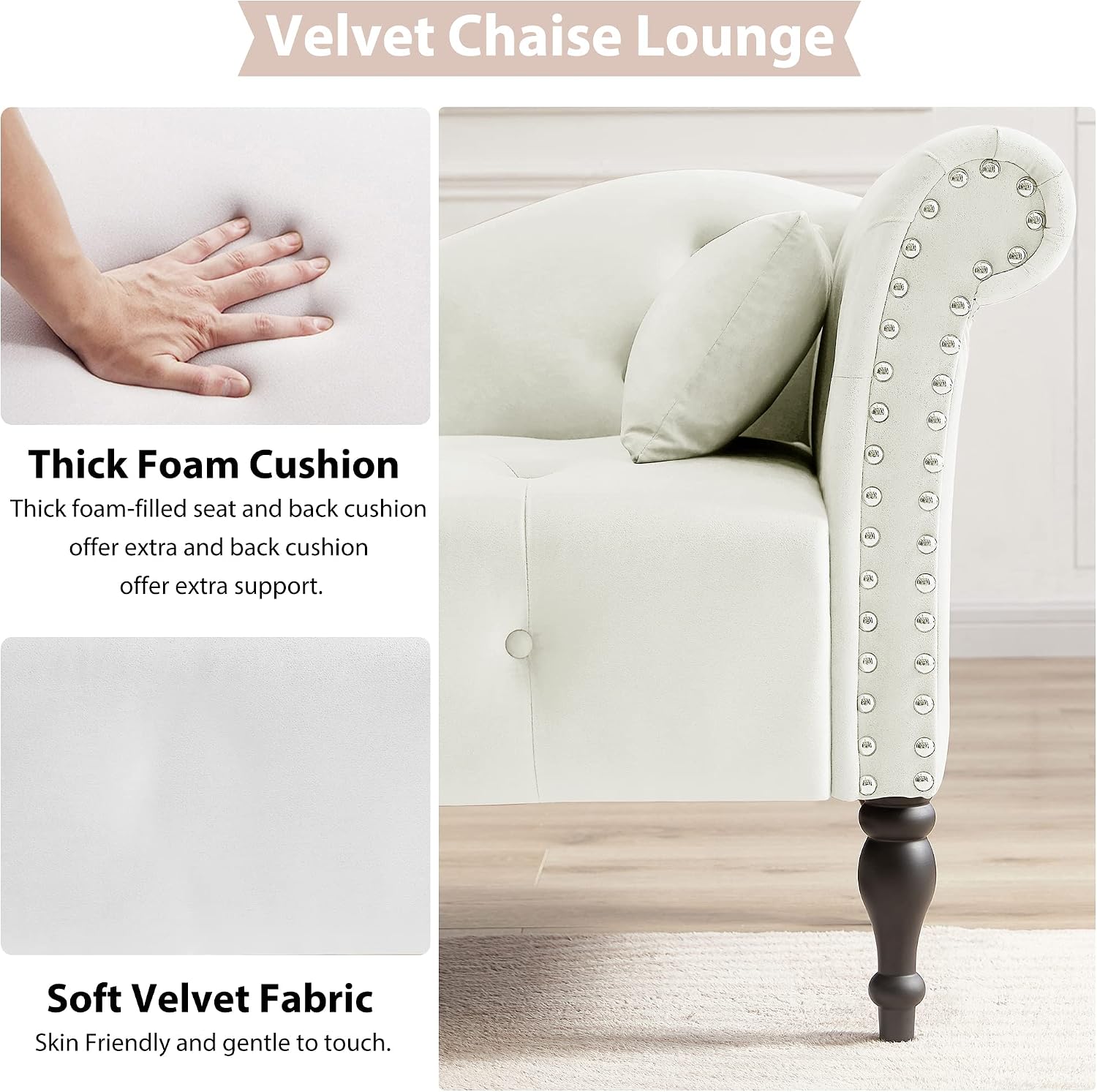60" Chaise Lounge Indoor Velvet Button Tufted with Pillow, Nailhead Decorate Rolled Arm Chaise Lounge for Bedroom Living Room (White)