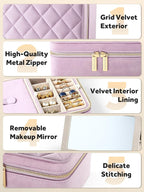 Velvet Travel Jewelry Box with Large Mirror, Double-Layer Jewelry Organizer Case for Women and Girls, Portable Storage Case with 6 Anti-Tarnish Bags Gift Ready for Her (Lavender)