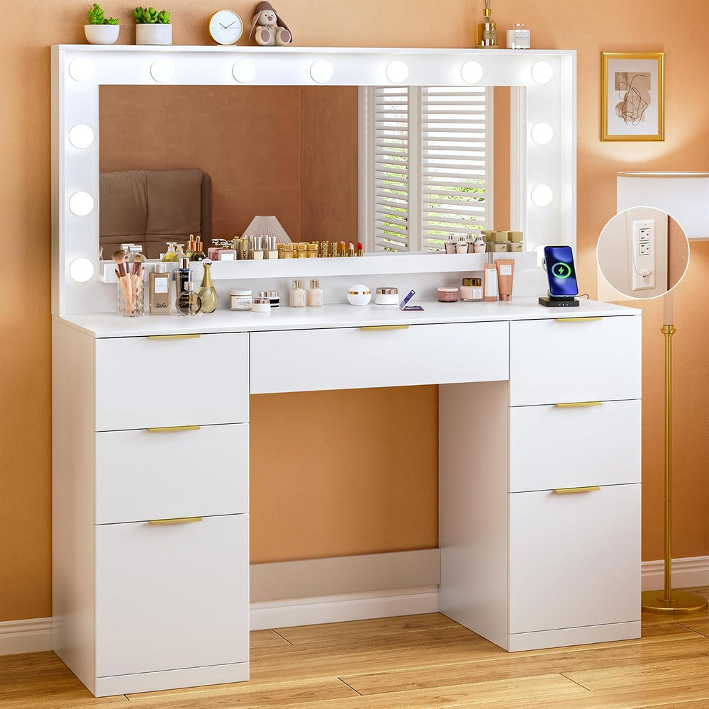 ALEXNUTRE Vanity Desk with Mirror and Lights, 45.3in Makeup Vanity with 7 Dra...