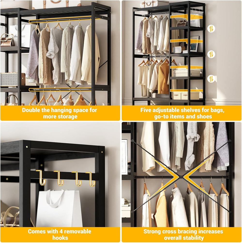 Homykic Bamboo Closet System, 41.4” Wide Clothing Rack, 78.8”H, Dark Black