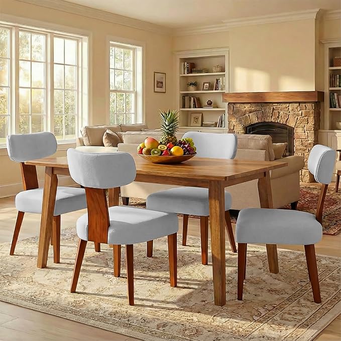 Dining Chairs Set of 4, Mid-Century Modern Upholstered Kitchen Chairs with Curved Backrest and Linen Fabric Seat, Wood Leg Accent Chairs for Dining Room, Living Room, Bedroom, Grey