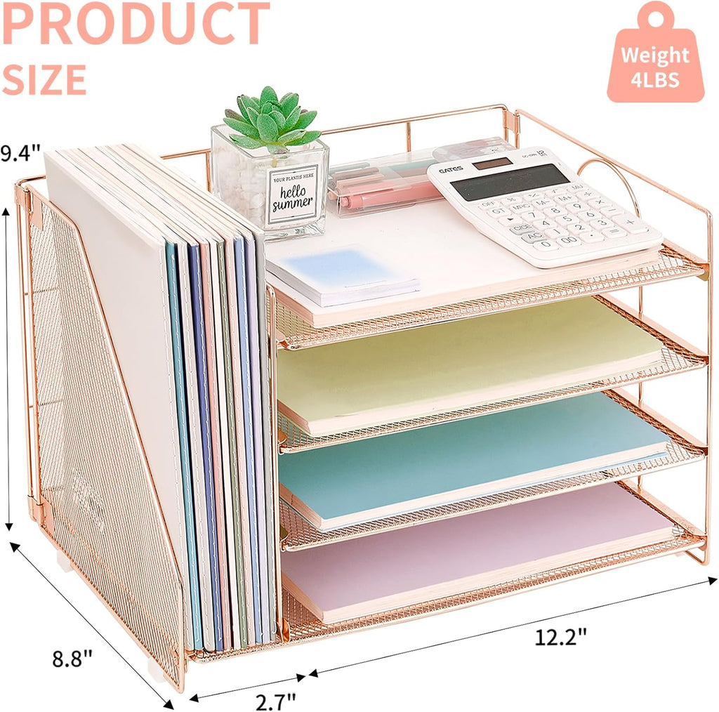 OPNICE 4-Tier Paper Organizer with Magazine Holder, Desk Organizers and Accessories, Office Desk Accessories & Workspace Organizers, Desktop File Organizer for Office Supplies Storage, Rose Gold
