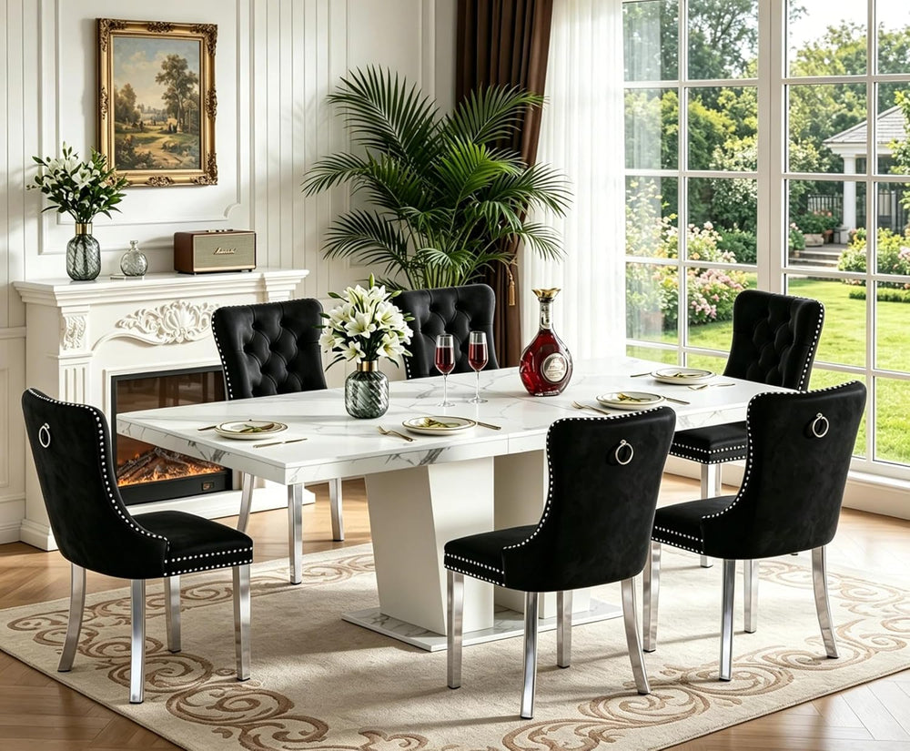Faux Marble Extendable Dining Table Set for 6, Modern White Kitchen Table Set...