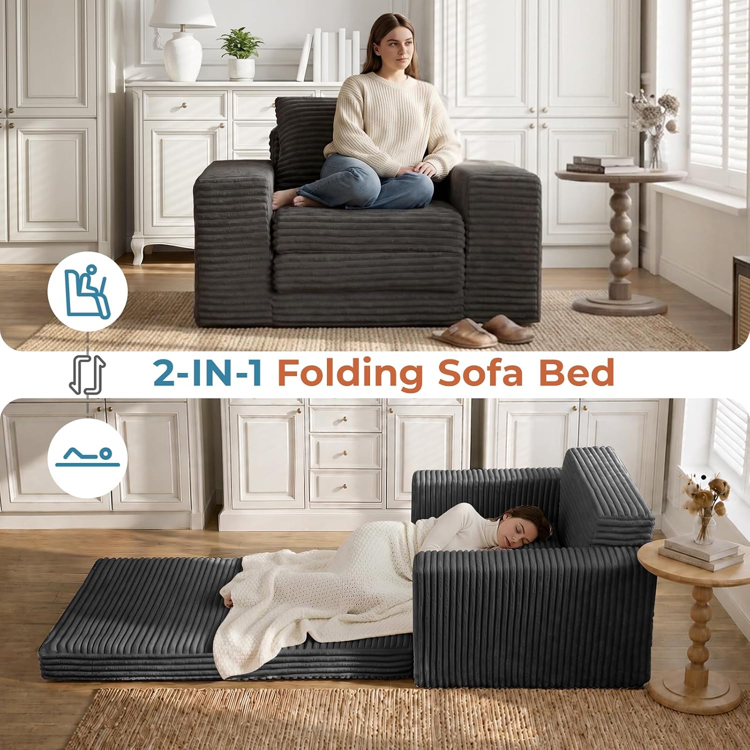 45" Boneless Sleeper Chair Bed, Fold Out Floor Sofa, Corduroy | Boneless Design, 2-in-1 Sleeper Chair, High-Density Foam, Soft Corduroy, No Assembly, Non-Slip Bottom