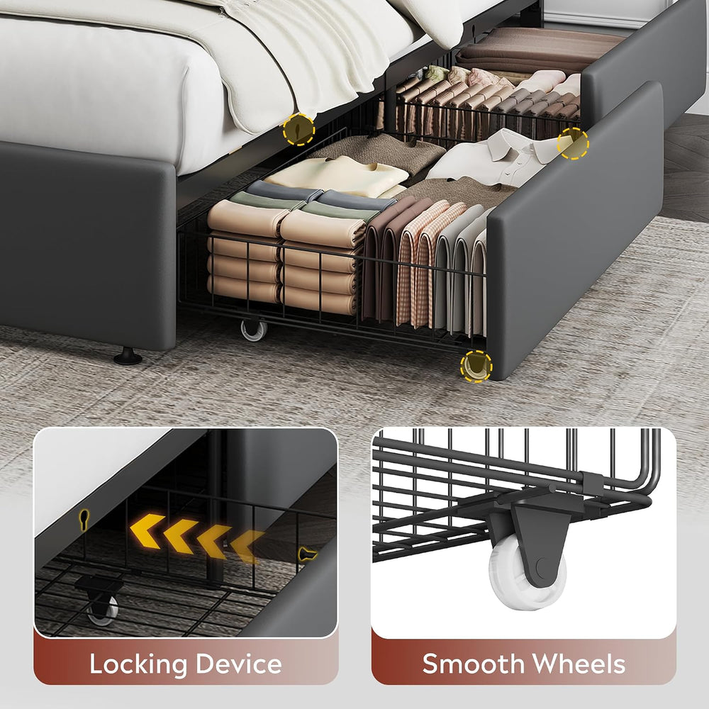 WLIVE Full Size Upholstered Bed Frame with 4 Storage Drawers and Headboard, V...