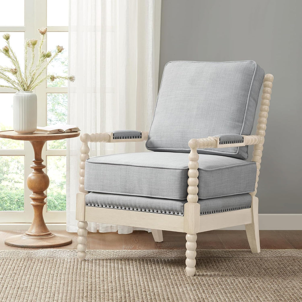 Madison Park Accent Chairs for Living Room Farmhouse Modern Armchair, Solid Wood, Antiqued Finish, Upholstered Seat Removable, Bedroom Lounge for Reading, 25.5" W, Light Blue/Antique Cream