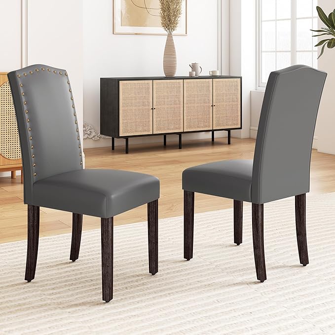 LSSBOUGHT PU Dining Chair, Kitchen Chair with Copper Nails and Solid Wood Legs for Dining Room,Restaurant (Light Grey, 2PCS)