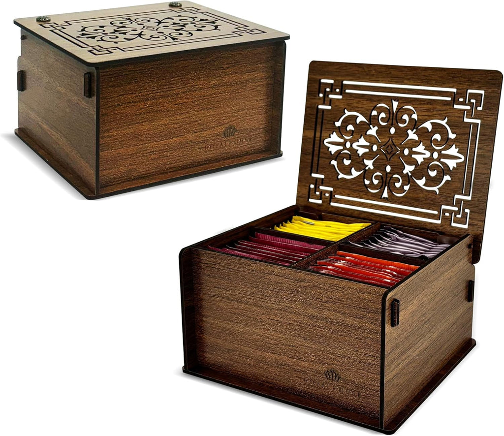 RoyalHouse Premium Wood Tea Storage Box Organizer, Tea Bag Holder Containers (Brown), Eco-Friendly Multi-Functional Decorative Box, 4 Compartments For Assorted Variety Of Small Items | Eco Friendly Design,Functional Organizer,Perfect for Tea Bags & Small