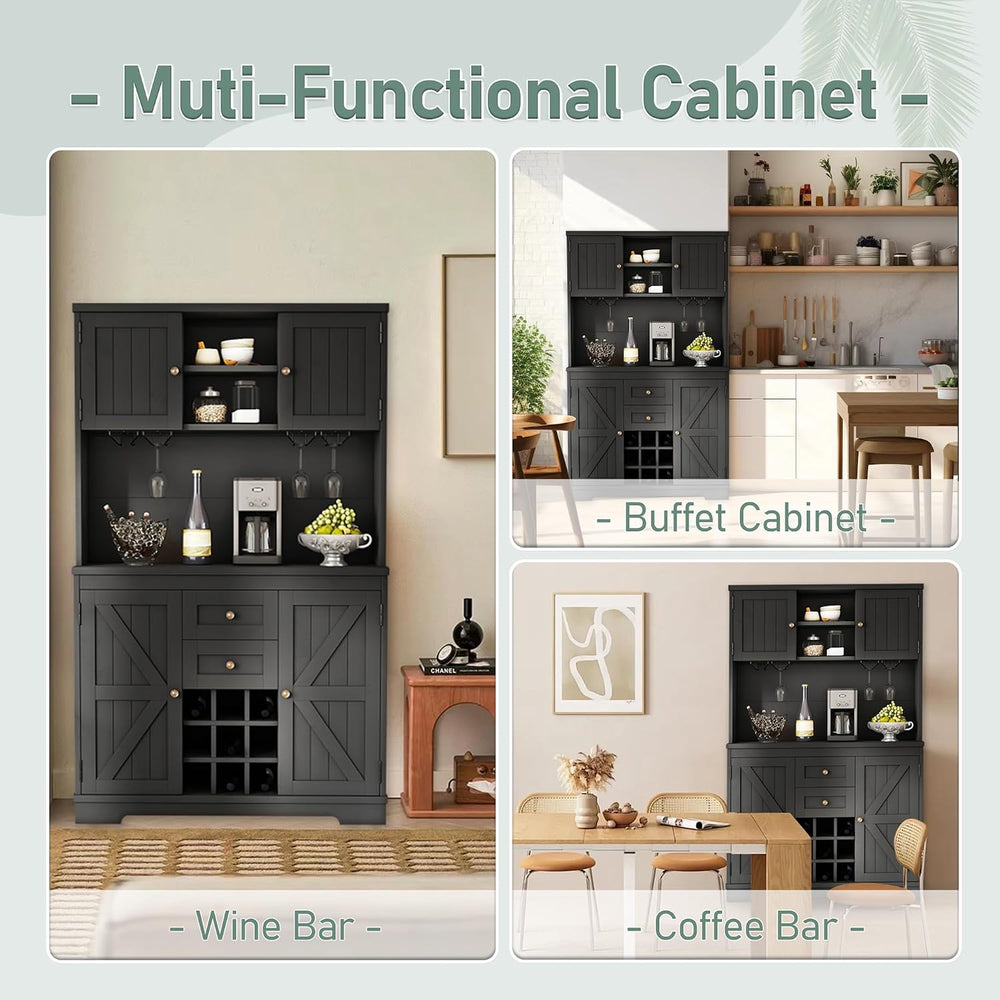 Farmhouse Kitchen Buffet Cabinet with Storage, Black Food Pantry Organizer wi...