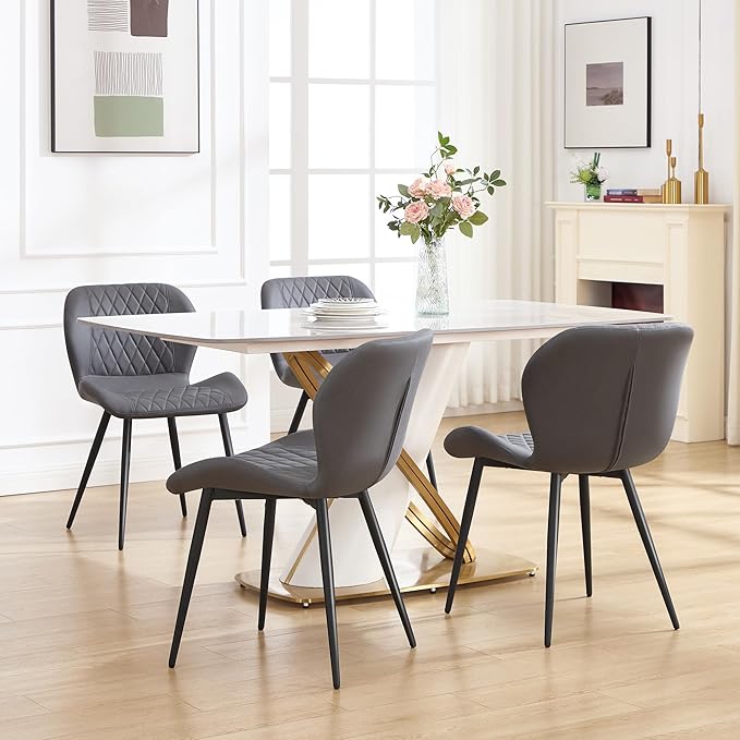 Dining Chairs Set of 4, Comfy Modern Dining Chairs with Thick Cushions, Upholstered Fabric Kitchen Side Chairs with Adjustable Metal Legs for Dining Room (Dark Grey)