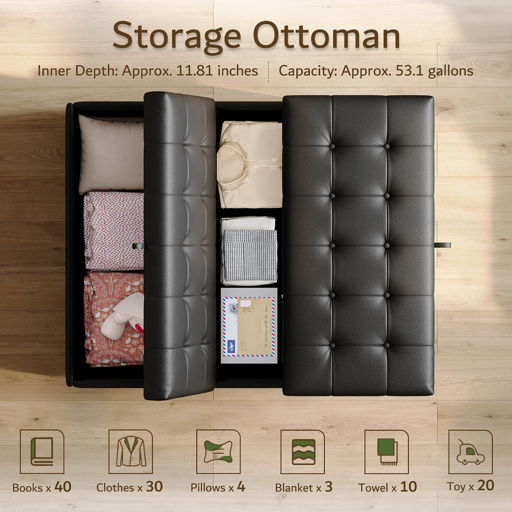 Black Leather 36 Inch Extra Large Lift Top Living Room Storage Ottoman | LINL...