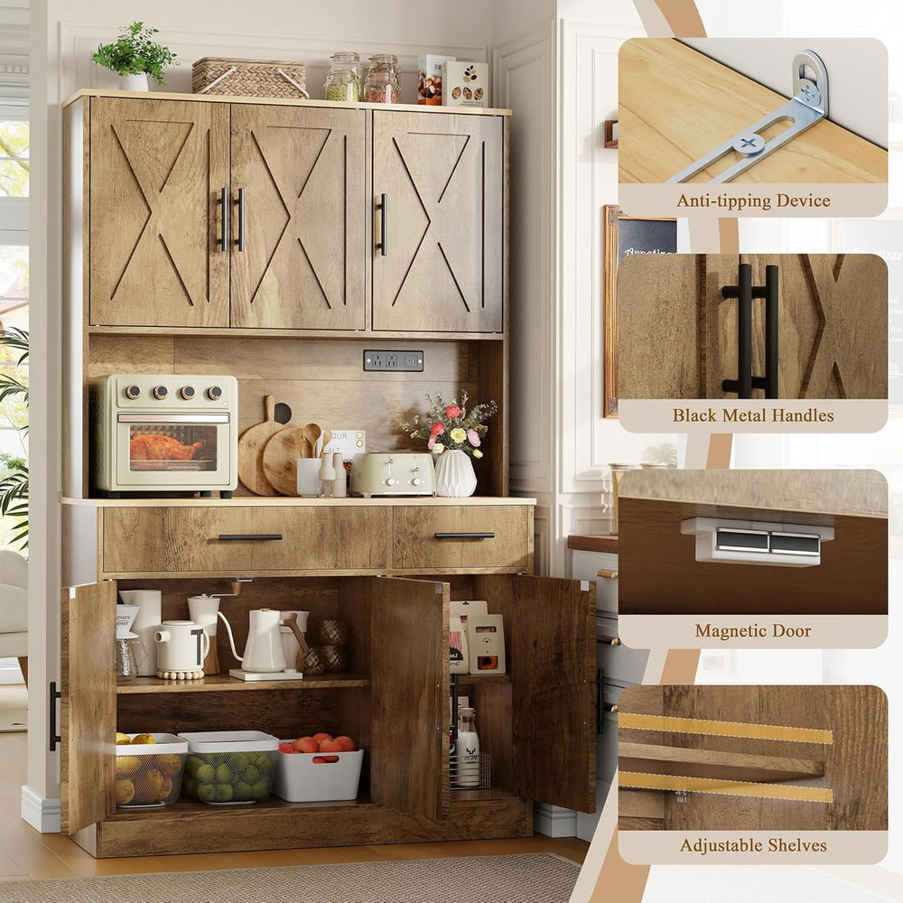 Vongrasig Farmhouse Pantry Cabinet with Charging Station, Tall Kitchen Pantry...