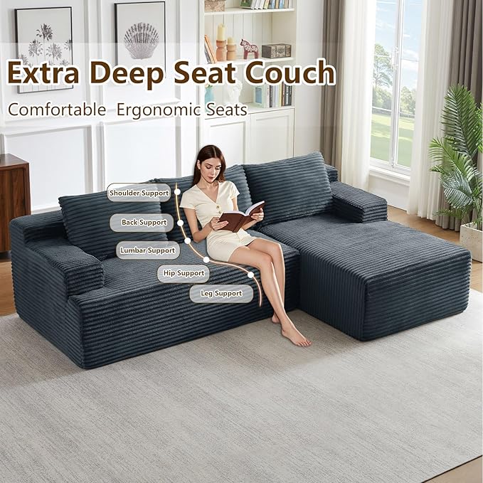 96.1" Modular Sectional Sofa Couches L-Shape Couch 3 Seat Modular Sofa Corduroy Memory Foam Sectional Boneless Couches for Living Room, Cloud Couch with Oversized Chaise(Dark Gray, Right Facing)