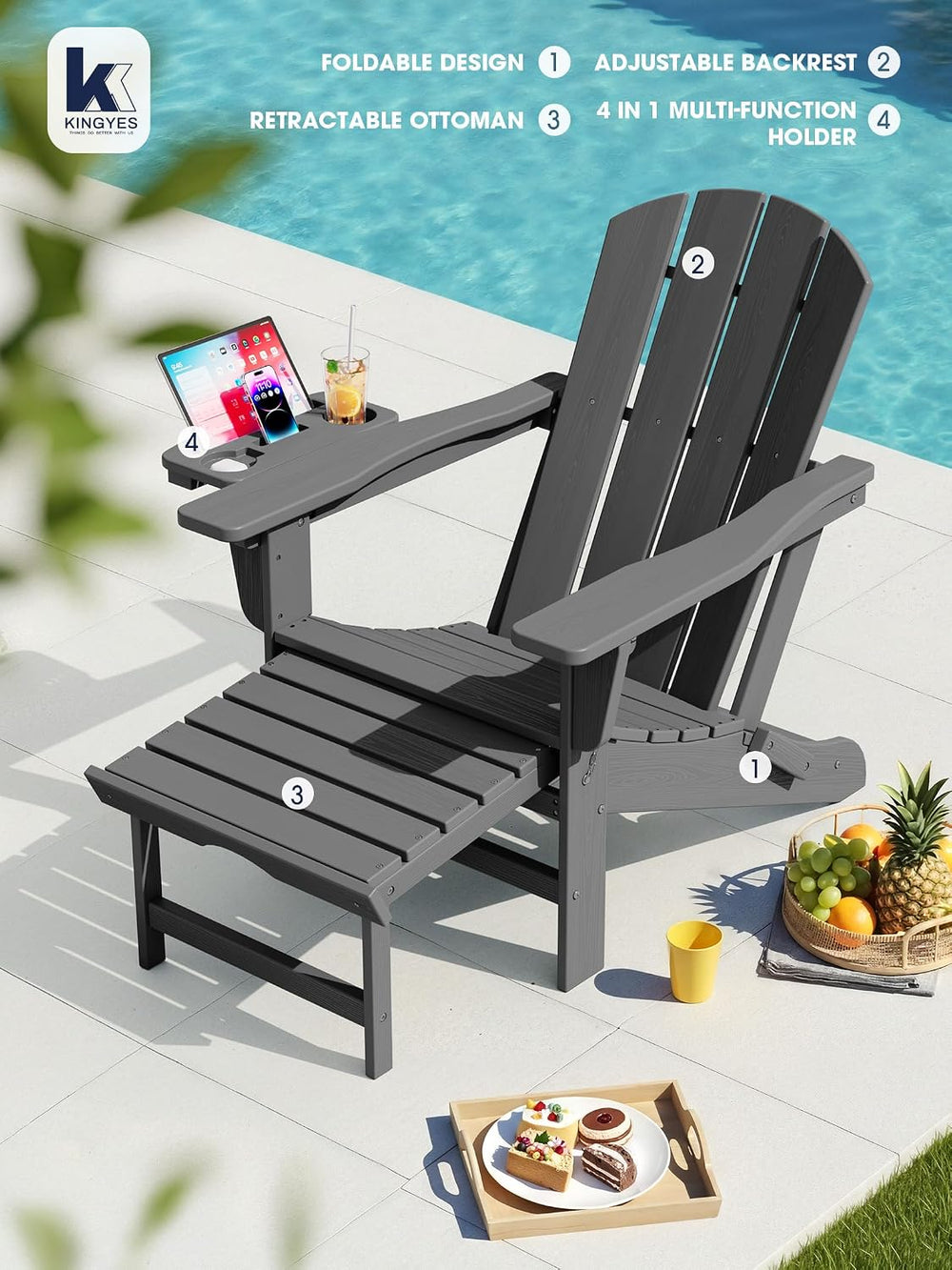 KINGYES Adjustable Folding Adirondack Chair with Footrest & 4-in-1 Multi-...