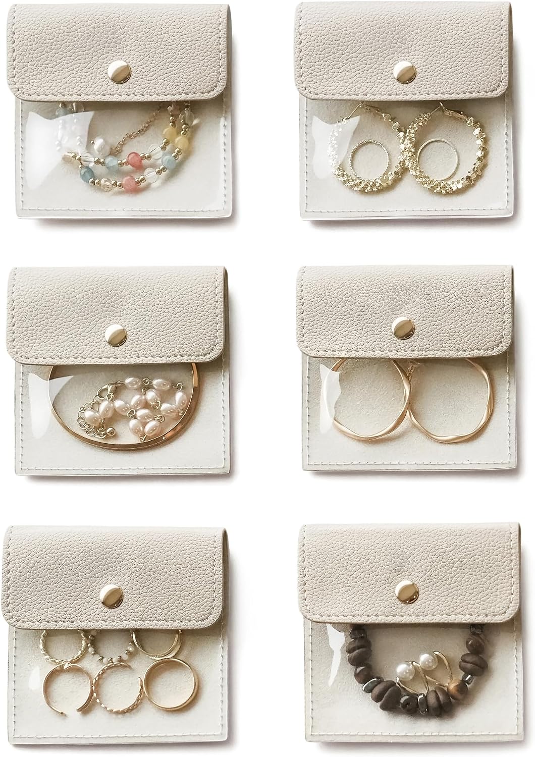 6 Pcs Jewelry Bags Clear Mini Pouch Small Jewelry Pouches for Traveling Leather Portable Travel Jewelry Organizer and Storage Bag for Earrings, Necklace, Beige