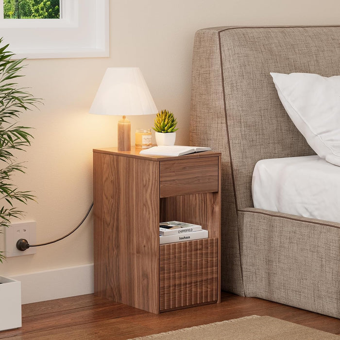 Eongdon Fluted Nightstand Set of 2, Mid Century Modern End Table with 2 Drawers and Open Storage, 11.7" W Narrow Bedside Table Organizer, Wood-Like Walnut Finish Compact Night Stand for Bedroom, Sofa