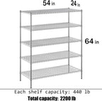 24" Deep x 54" Wide x 64" Height Wire Shelving Kit | 5-Tier | NSF Commercial Storage Rack Unit