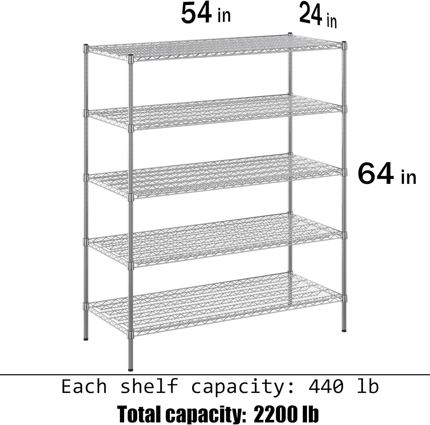 24" Deep x 54" Wide x 64" Height Wire Shelving Kit | 5-Tier | NSF Commercial Storage Rack Unit