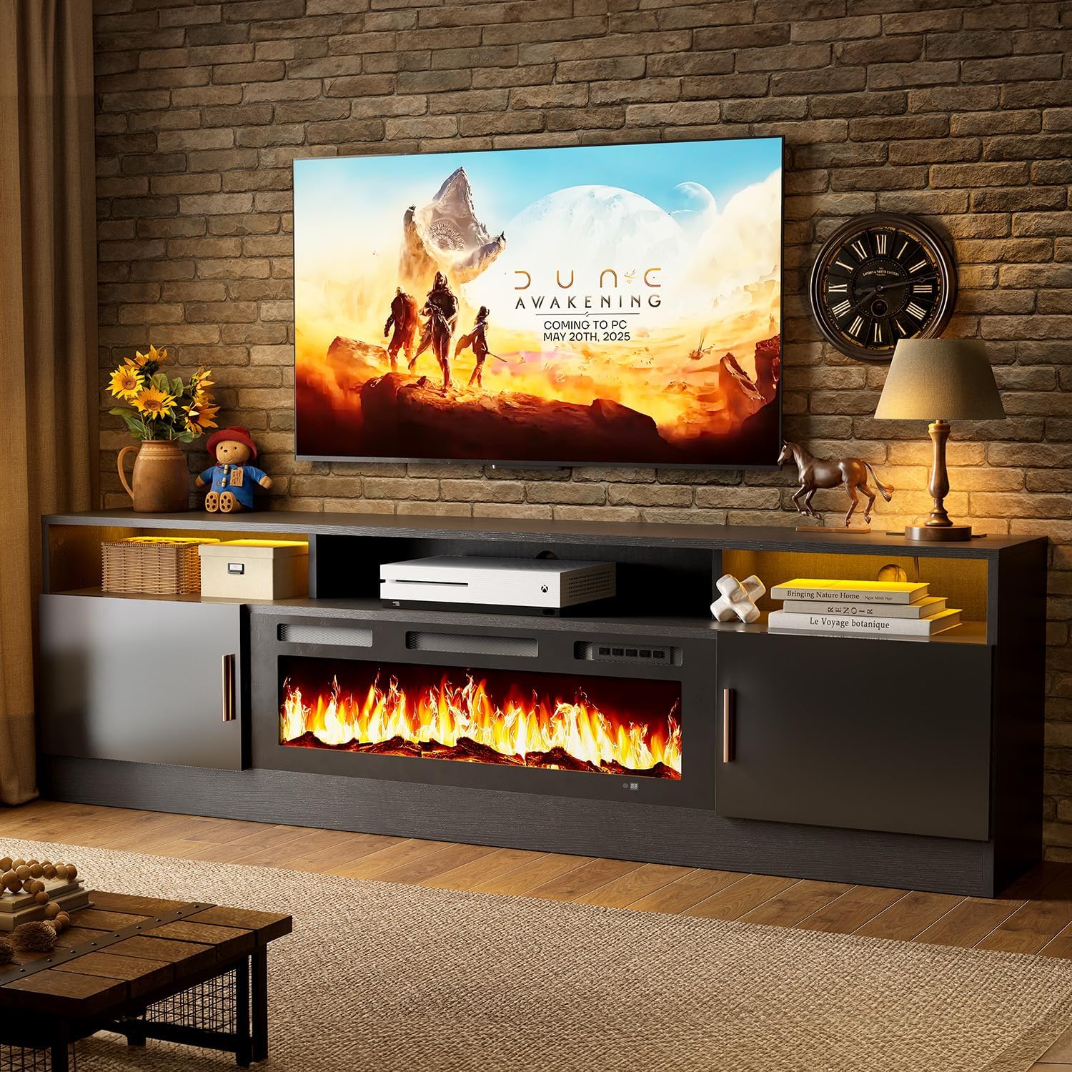 oneinmil 70 Inch Electric Fireplace TV Stand with Power Outlets, Modern Entertainment Center with LED Lights & Storage Cabinets for 80 Inch TVs, Media Console Table for Living Room, Black