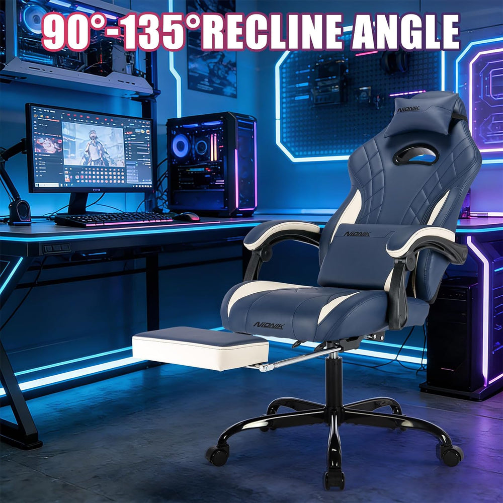 Gaming Chair with Footrest and Massage Lumbar Support, Ergonomic Computer Gam...