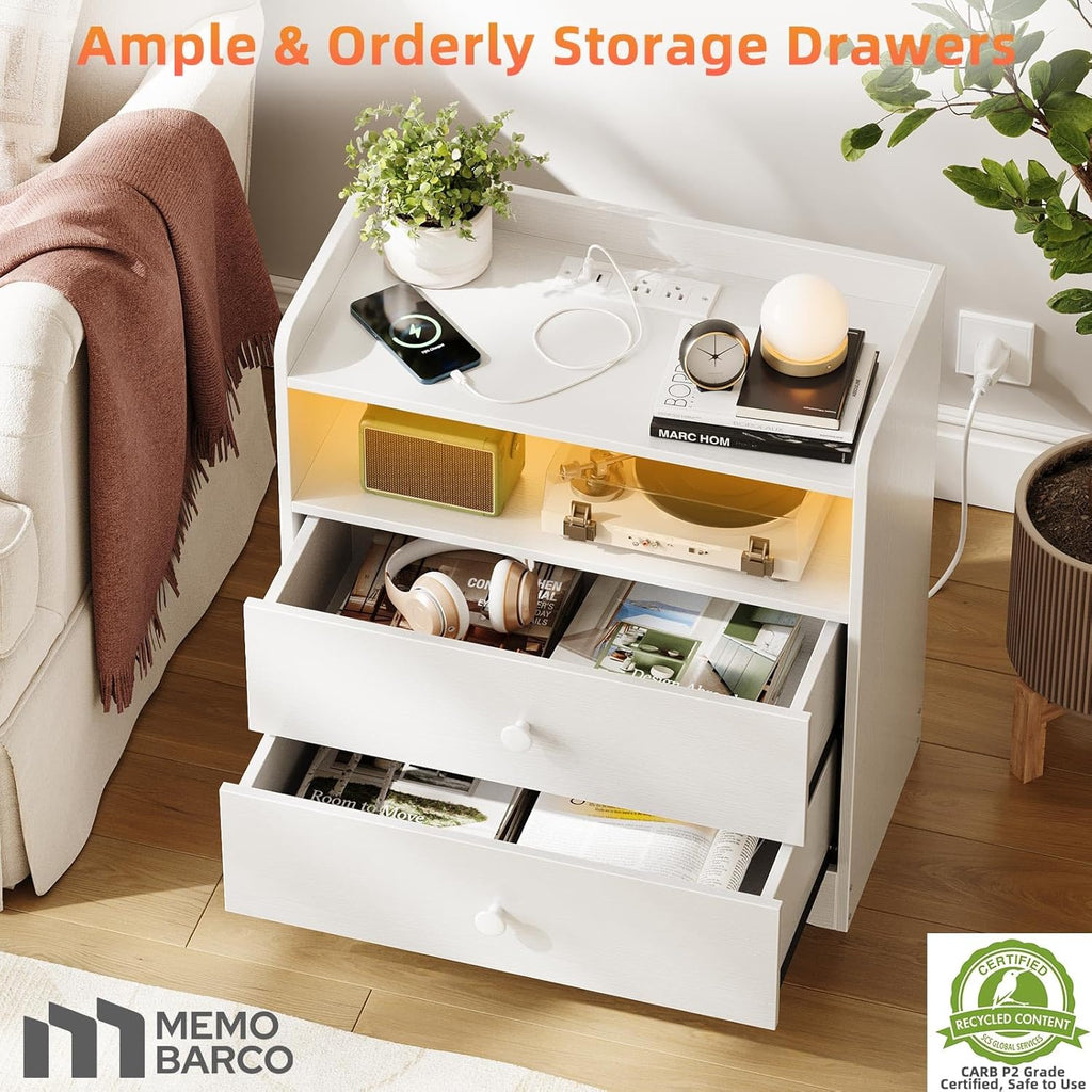 Nightstand with Charging Station and LED Light,Modern Nightstand with USB Ports and Outlets,Wood Bedside Tables with 2 Storage Drawers,Small Dresser for Bedroom Small Space,White