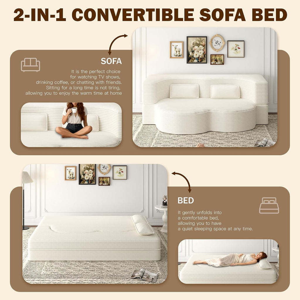 Convertible Folding Sofa Bed, 2-in-1 Full Size Floor Boneless Couch Bed, Loveseat sleeper Couch , Corduroy Floor Sofa, Memory Foam Sleeper SofaBed, Small couches for small spaces, No Assembly, Beige