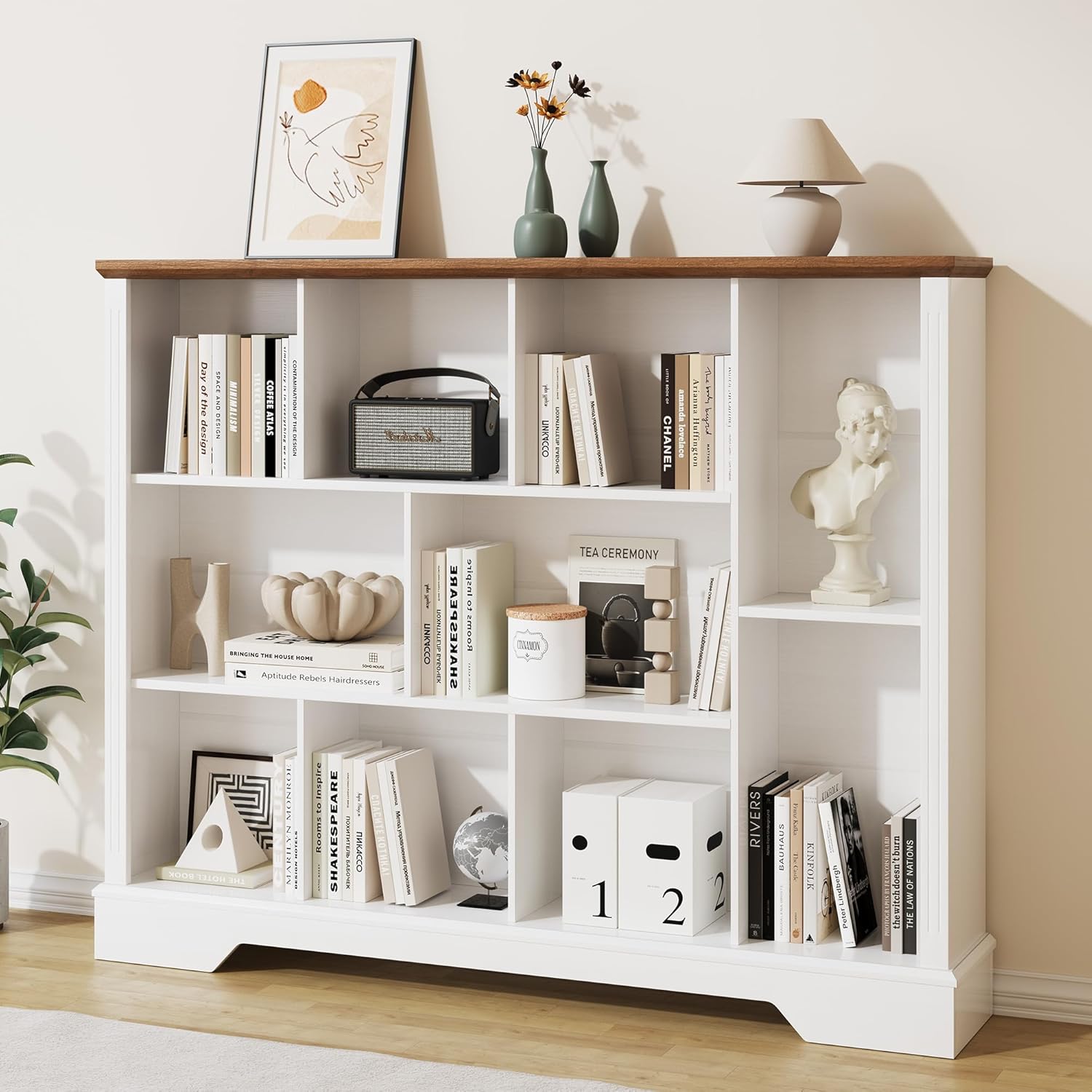 10 Cube Storage Bookcase, Modern 3-Tier Wooden Storage Organizer Open Bookshelf with Base for Living Room, Bedroom, Home Office
