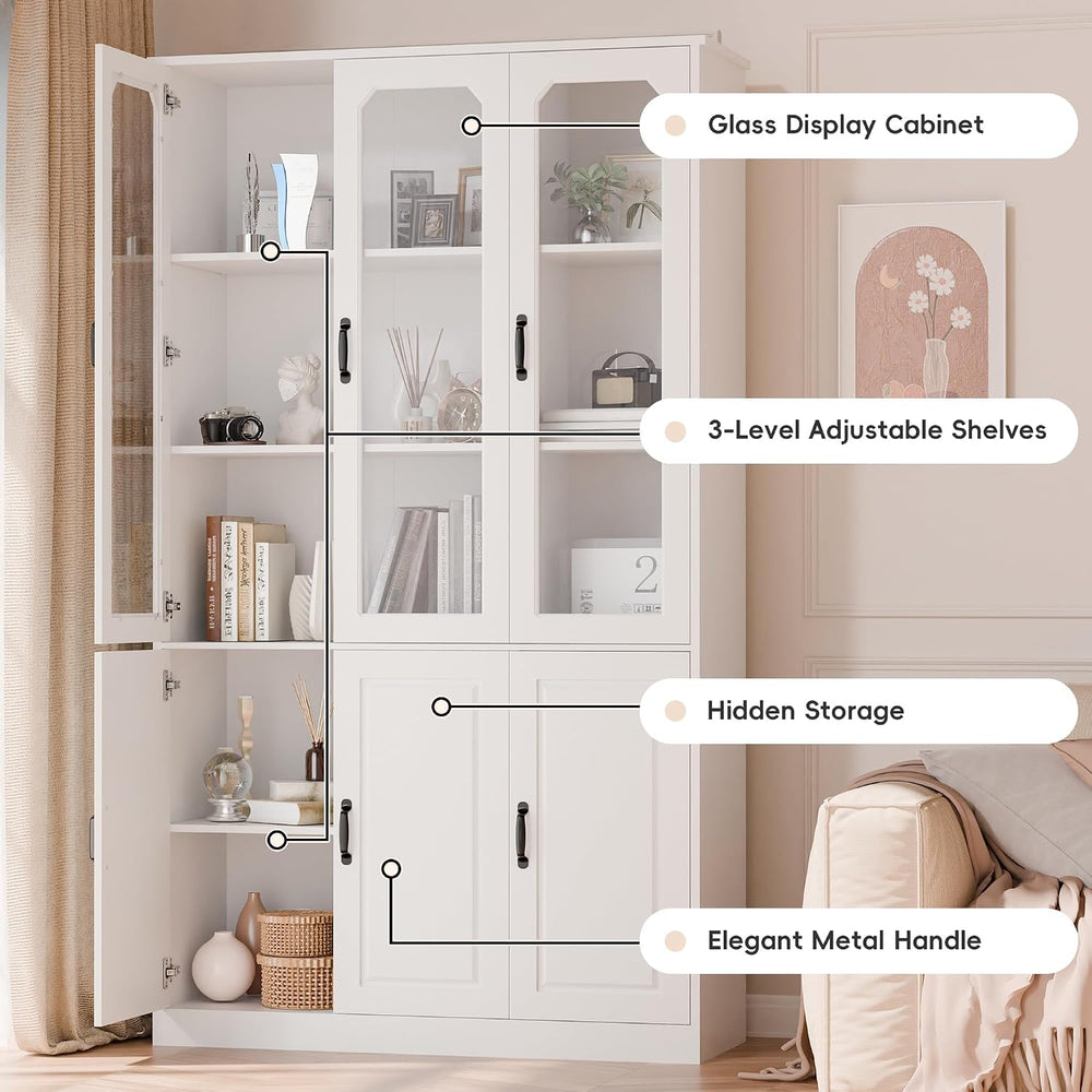 MU 78.7" Tall Kitchen Pantry with 3 Glass Doors, Freestanding China Cabi...