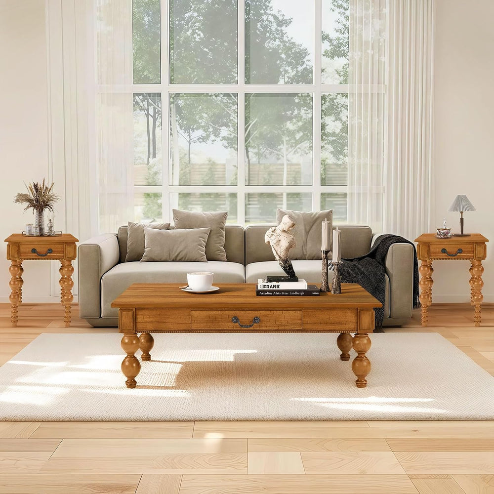LKTART 3 Pieces Living Room Table Set, Wooden Vintage Coffee Table with 2 Nar...