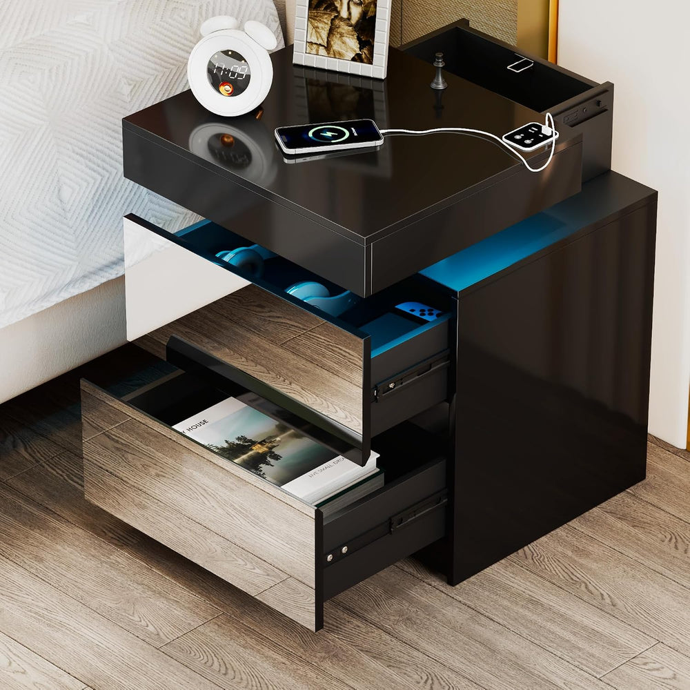 LED Nightstand - Bedside Table with Charging Station and 2 Mirrored Drawers S...