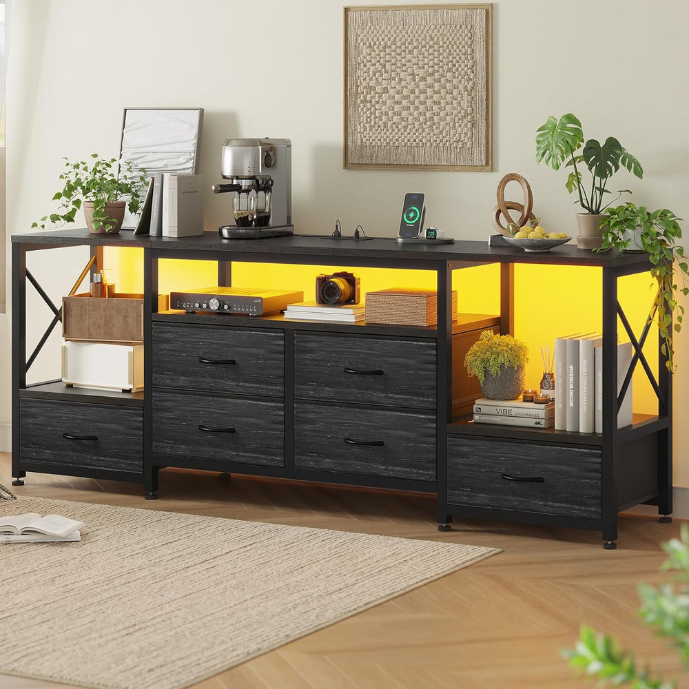 HAUOMS TV Stand for 75 Inch TV,Charcoal Black Wood Grain Print | Entertainmen...