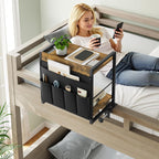 2-Tier Bedside Shelf, Bed Tray Shelf with Fabric Pockets Storage, Clip-on Loft & Bunk Bed Shelf for College, Nightstand for Sofa, Bedroom, Apartment, Rustic Brown and Black ET20BR