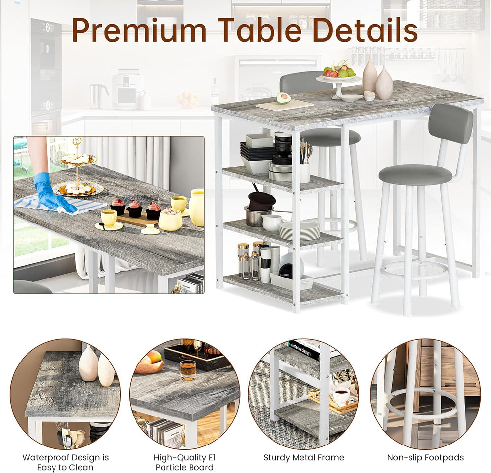 Recaceik Pub Dining Table Set for 2, Table and Bar Stools with 3 Storage Shel...