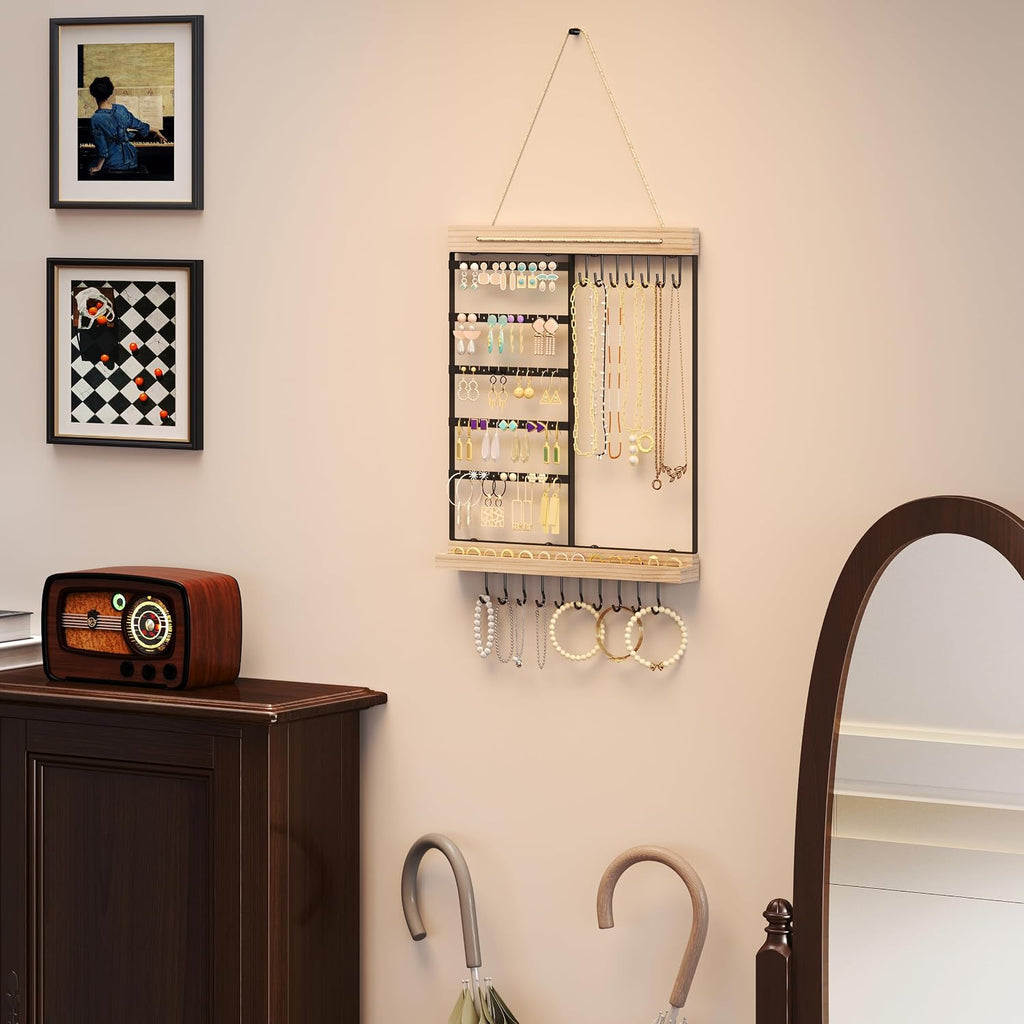 Feyejade Hanging Jewelry Organizer, 5-Tier Wall Earring Holder with Wooden Ring Groove, Jewelry Rack Wall Mounted for Earrings, Necklaces, Bracelets and Rings, Jewelry Holder Stand, Black