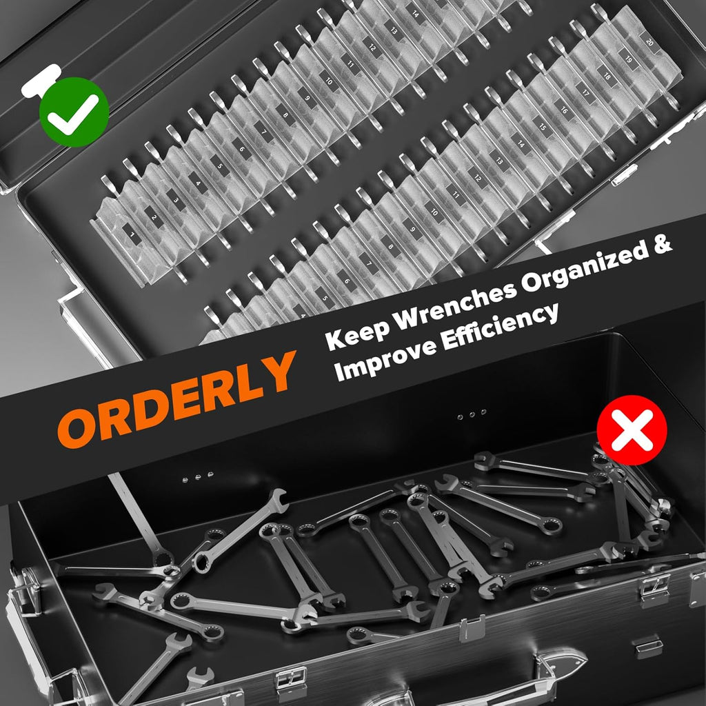 80PCS Modular Wrench Organizer Wrench Holder - Wrench Tool Organizers for Tool Drawer Storage, Wrench Storage Set with Metric & SAE Label, Wrench Rack Tool Gift for Professional Mechanics,Transparent