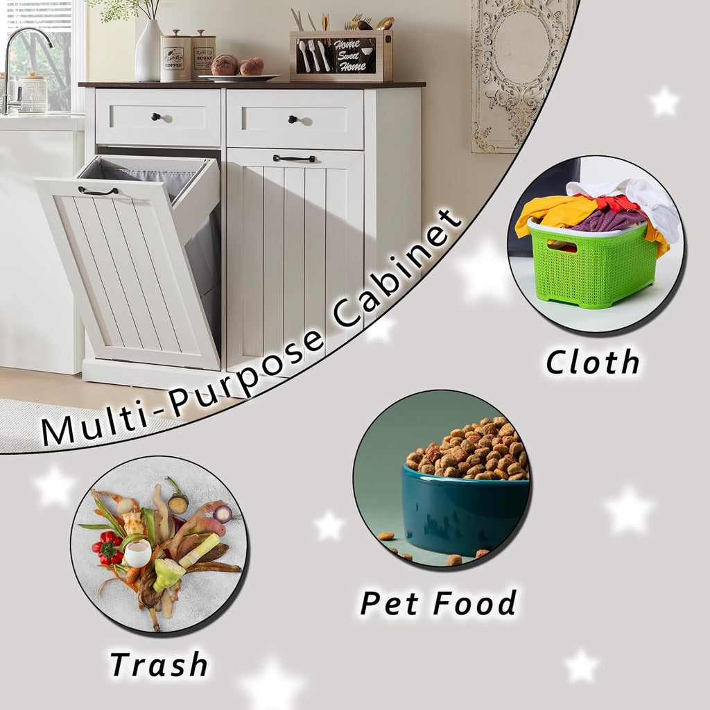 Double Tilt Out Trash Cabinet, 20 Gallon Farmhouse Laundry Hamper Cabinet with 2 Drawers, Hidden Wooden Trash Can Cabinets with Storage Basket for Kitchen, Living Room (Antique White)