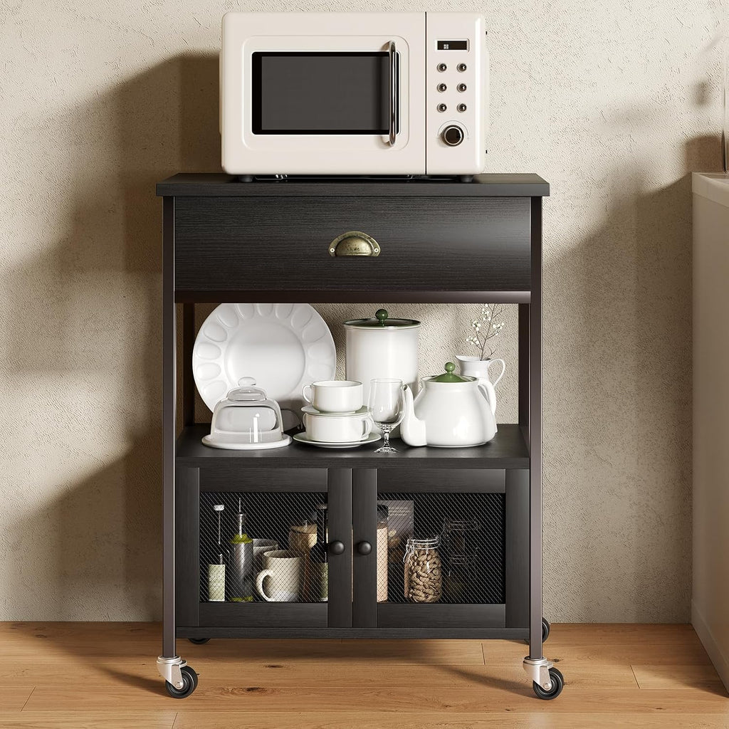 Catrimown Coffee Bar Cart Cabinet,3 Tier Coffee Station Table on Wheels,Coffee Cart with Storage for Home Kitchen, Liquor Buffet Sideboard Cabinet, Black