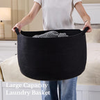 Extra Large Nursery Storage Basket, 22 x 22 x 14 inches - 100% Cotton Rope Baskets with Handles, Blanket Basket for Toys, Blankets & Pillows - Inner Black