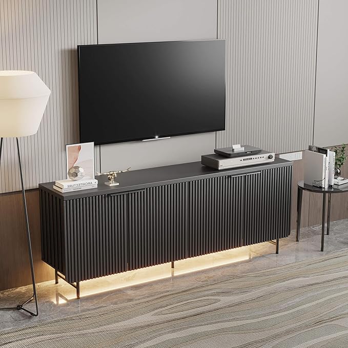Black Fluted TV Stand with Led Light, 68" Entertainment Center with Storage, Television Stands for 55/60/65/70/75 inch TV, Mid Century TV Console, Media Console, Sideboard Cabinet for Living Room