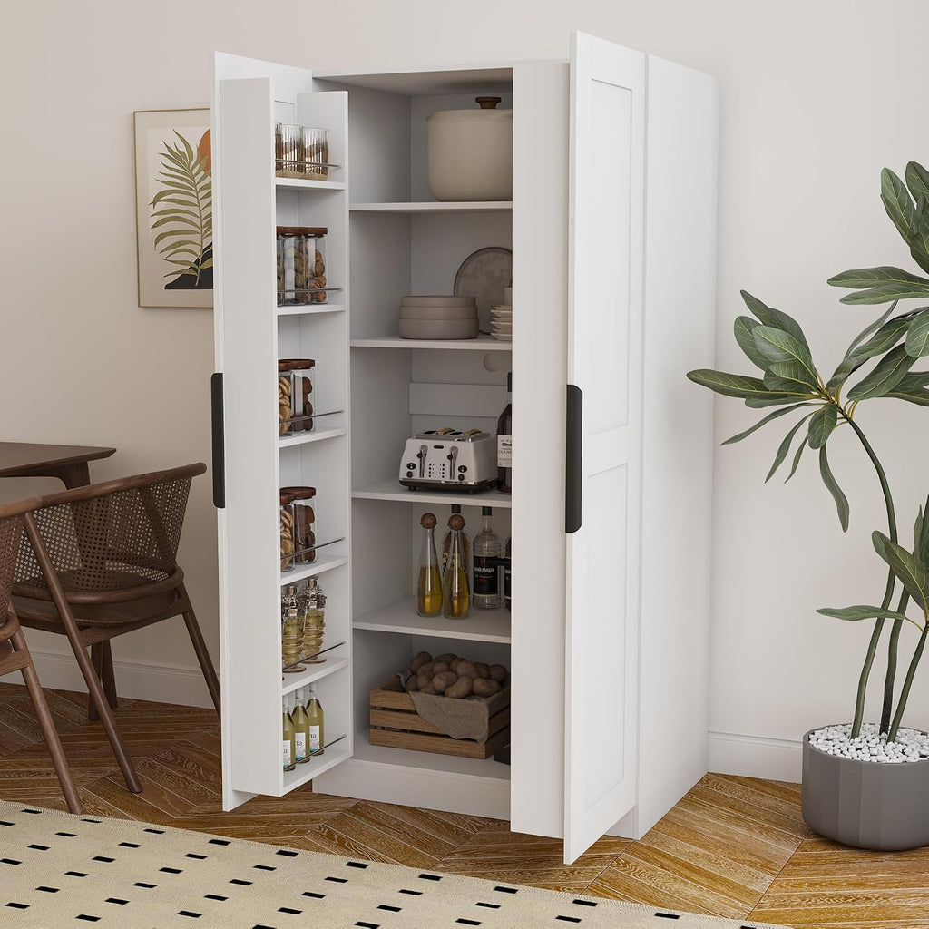 62.99in Kitchen Pantry Cabinet, Freestanding Buffet Cupboards Sideboard with Doors & Shelves, Kitchen Pantry Storage Cabinet Multiple Storage Space, for Living Dinning Room (White)