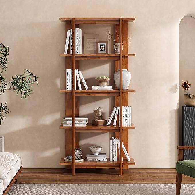 Merax 4 Shelf Narrow Bookcase H-70 L-33 Acacia Wood Open Bookshelf, Contemporary Farmhouse Style Display Storage Shelf for Home Office Studio, Teak Finish